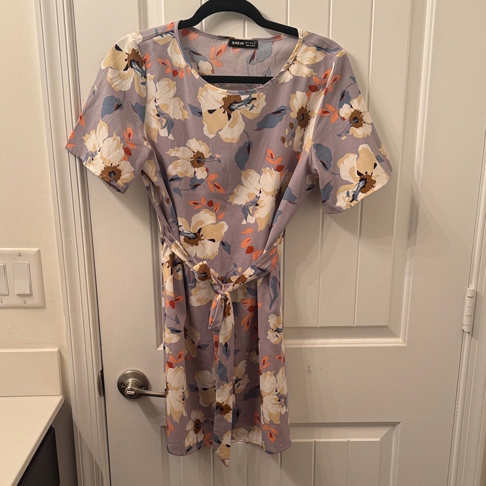 Floral Print Mini Dress in Purple and Cream